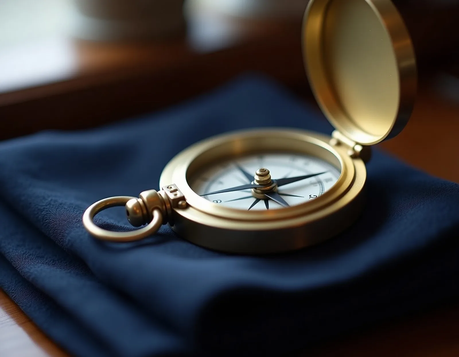 Nautical chart with brass dividers on a wooden table
