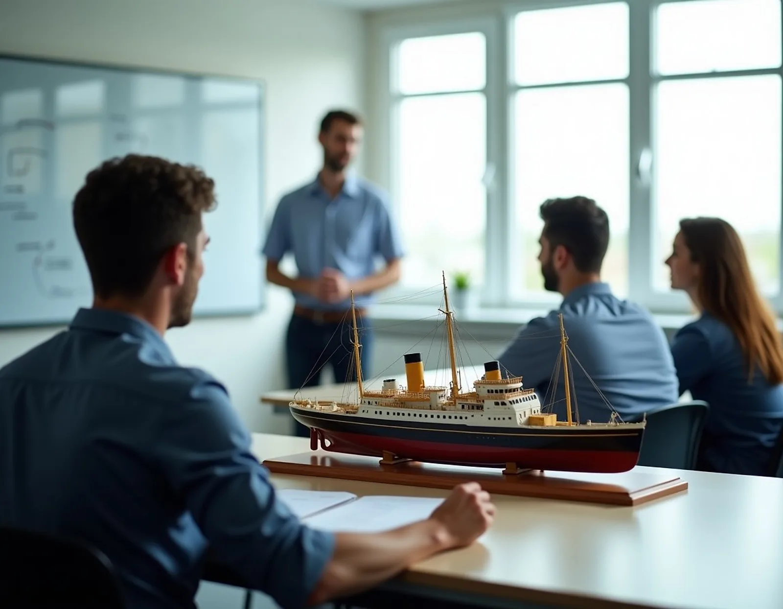 Bright maritime classroom with a model ship and students facing a whiteboard