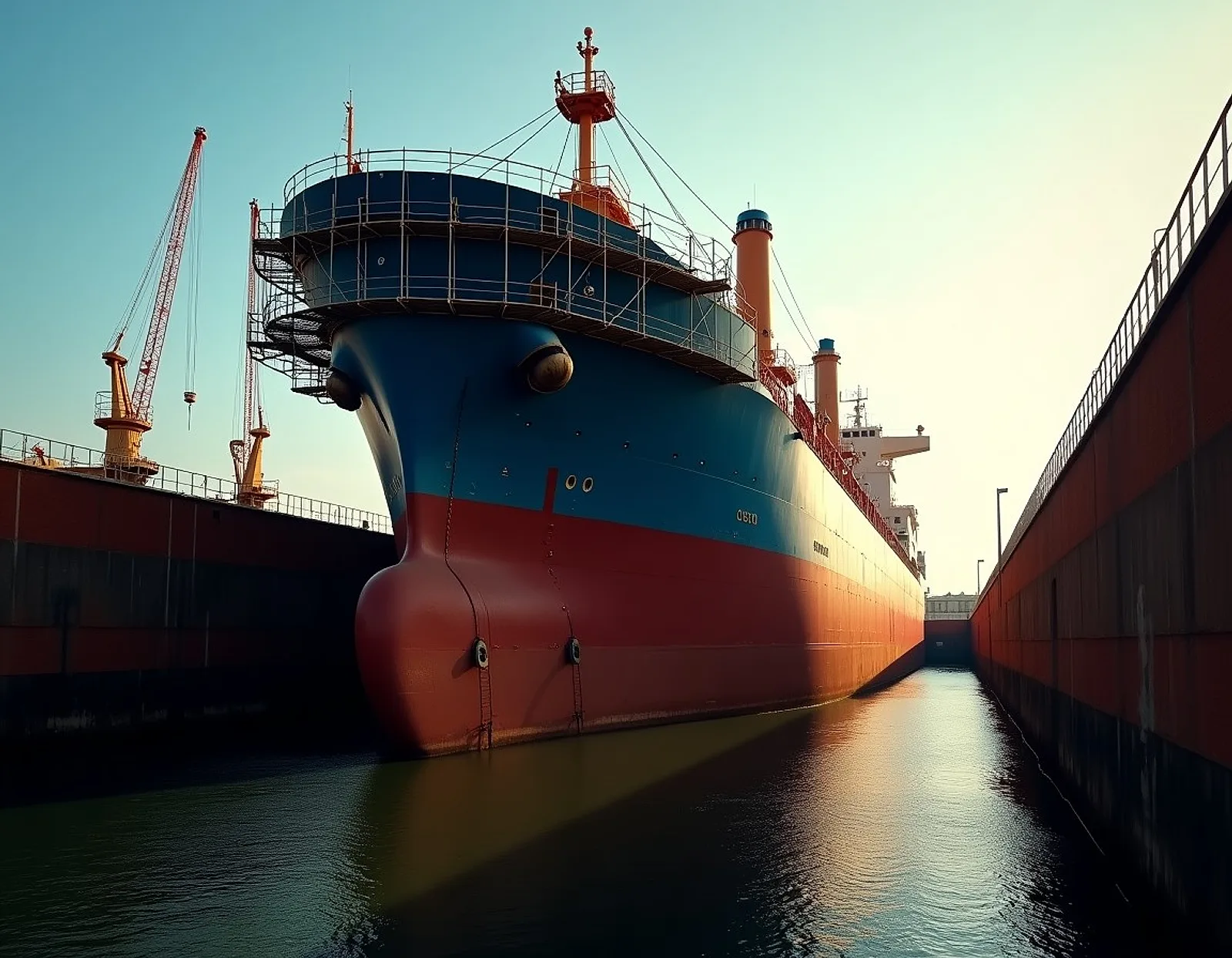 Large ship in dry dock with scaffolding