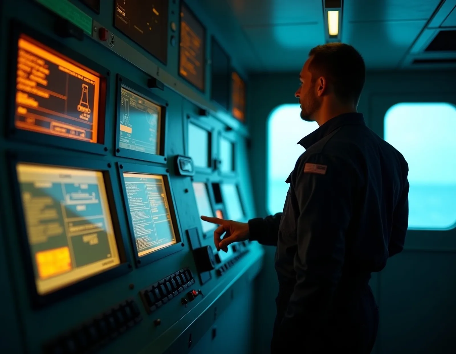 Ship engine control room with glowing panels