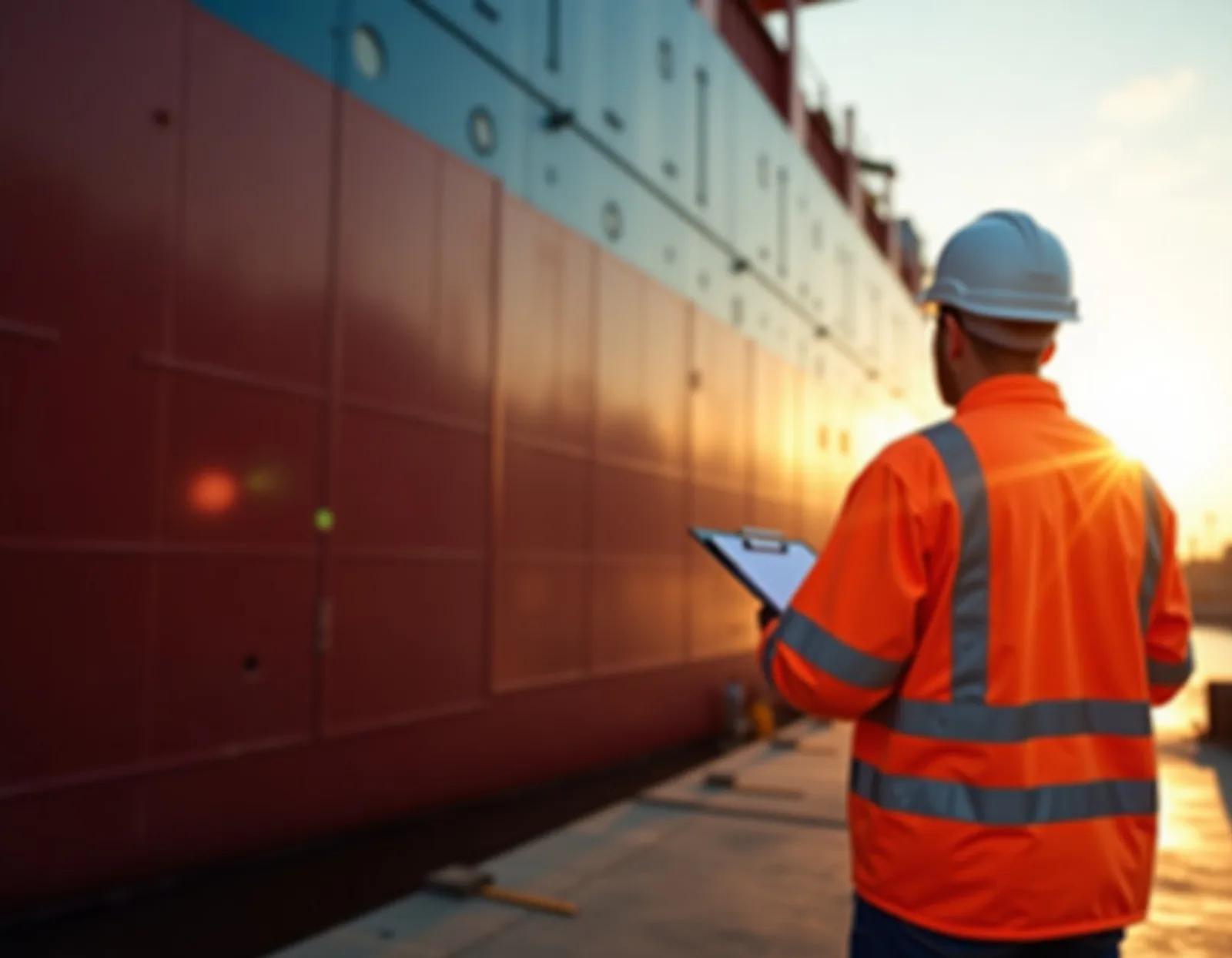 Surveyor inspecting a ship hull with a clipboard