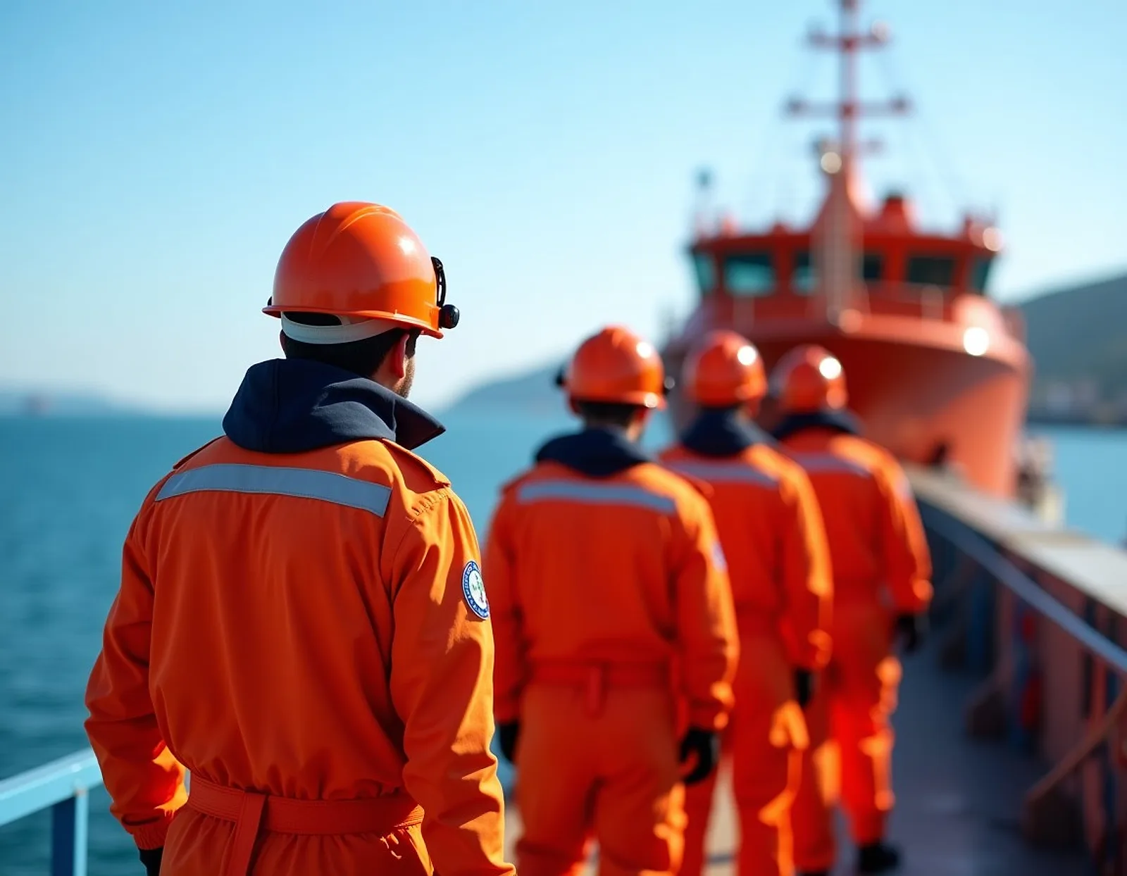 Crew in orange survival suits during lifeboat training