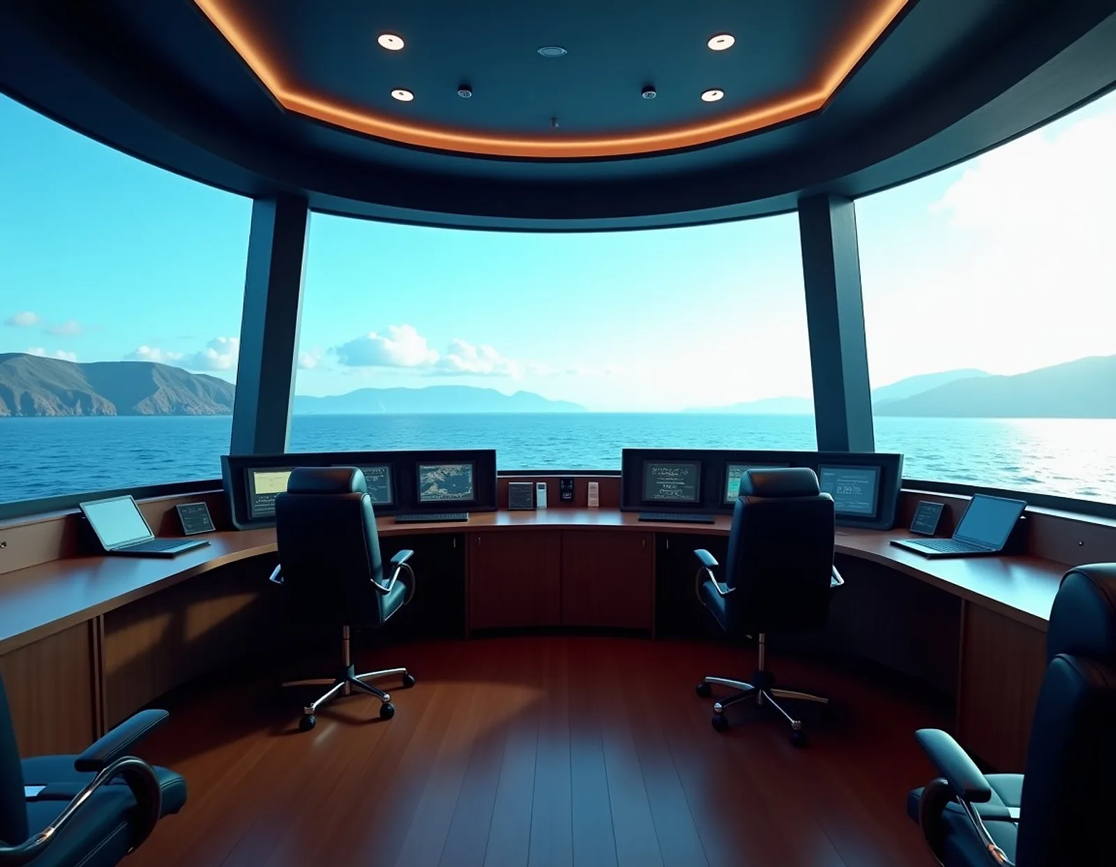 Bridge simulator training room with a curved screen showing the sea