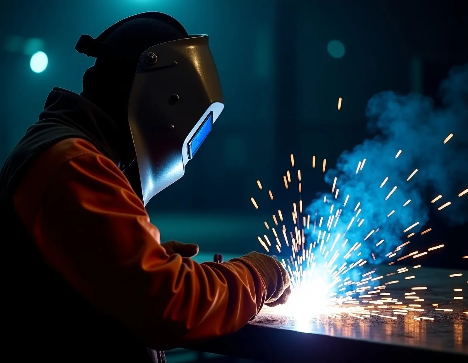 Shipyard welder with a shower of sparks